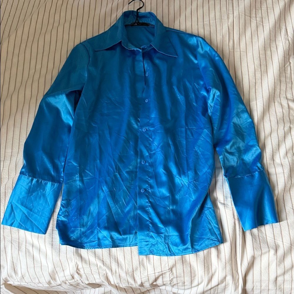 Zara Bright Blue Satin Button-Down Shirt